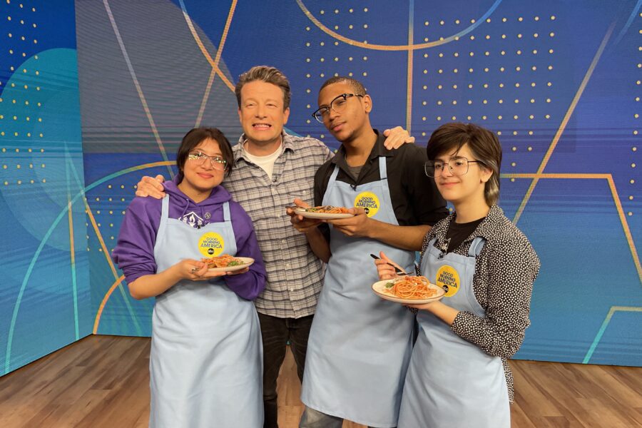 Jamie Oliver and teen chef from The Sylvia Center on Good Morning America