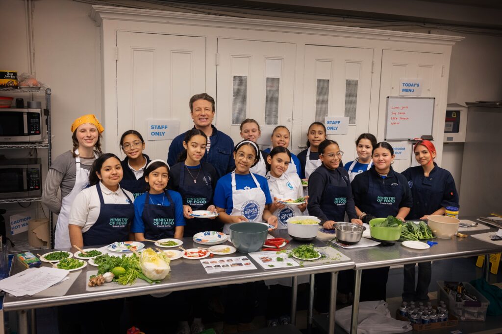 Jamie Oliver visits middle school students at Cornelia Connelly middle school on the Lower East Side