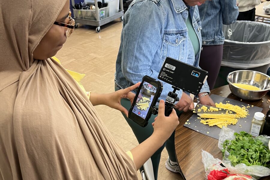 Eater's Sergio Cardigno teaches The Sylvia Center's teen culinary apprentices about food videography